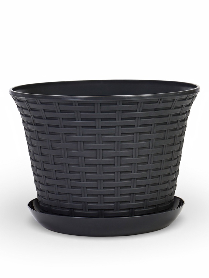 Кашпо для цветов «Ротанг», 8 л, d=27.5 см, h=20.5 см, пластиковое, с поддоном, серое - Фото 1
