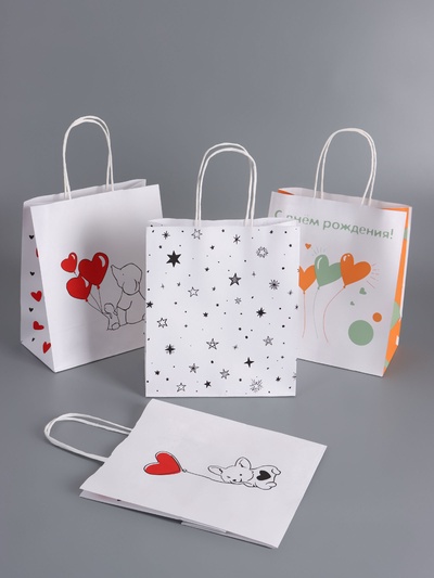 Пакеты подарочные крафт «С Днем Рождения», 22×12×25 см, набор 4 шт.