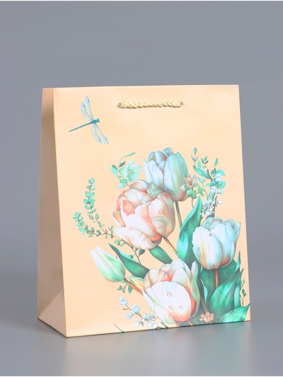 Пакет подарочный ламинированный «Стрекоза», пудровый, 18×22.3×10 см