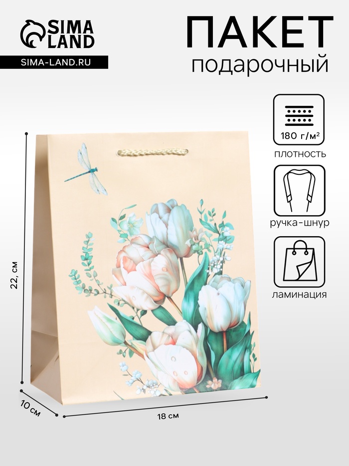 Пакет подарочный ламинированный «Стрекоза», пудровый, 18×22.3×10 см - Фото 1