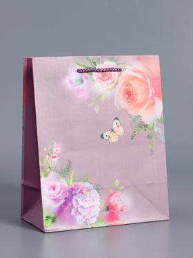 Пакет подарочный ламинированный, «Танец бабочки», пурпурный, 18×22.3×10 см