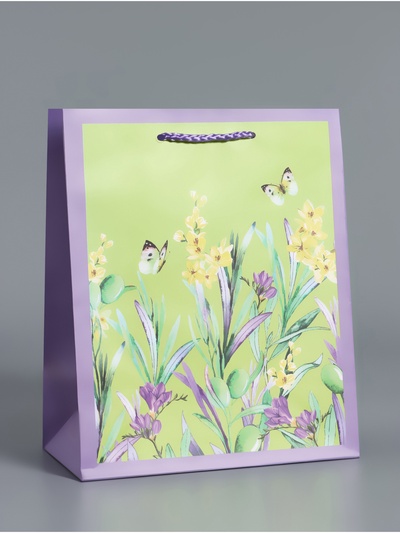 Пакет подарочный ламинированный, «Цветочное поле», сиреневый с зелёным, 18×22.3×10 см