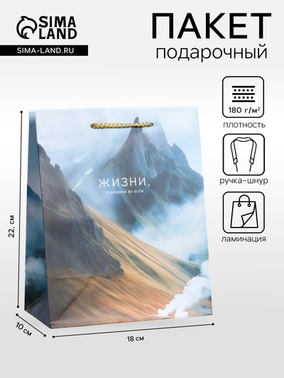 Пакет подарочный ламинированный «Горы счастья», серый с голубым, 18×22.3×10 см