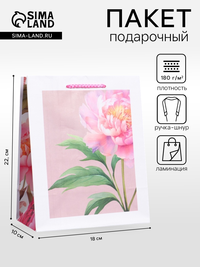 Пакет подарочный ламинированный «Букет пионов», розовый, 18×22.3×10 см - Фото 1