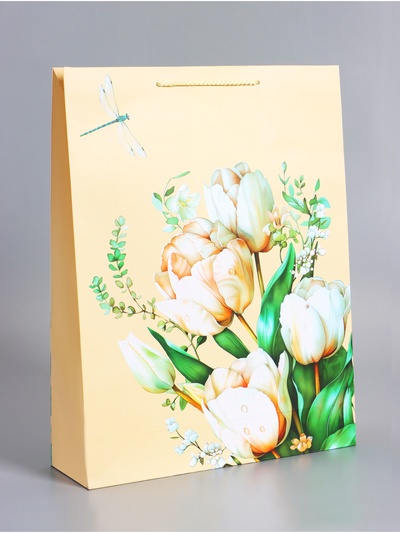 Пакет подарочный ламинированный «Стрекоза», пудровый, 33×42.5×10 см