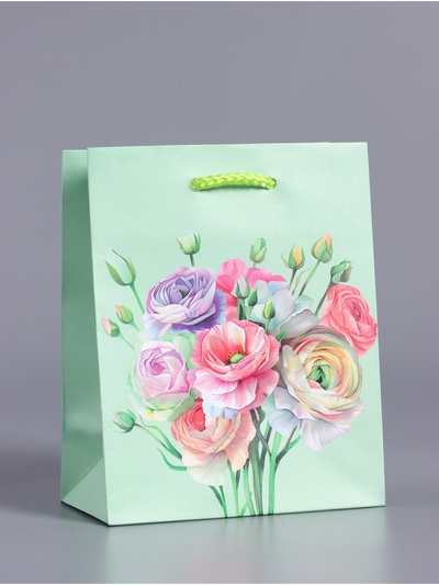 Пакет подарочный ламинированный «Весенний букет», мятный, 11.5×14.5×6.5 см