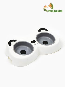 Миска двойная «Панда», 2×160 мл, пластик, белая, серая  (артикул 10951524)  большой выбор товаров оптом и в розницу по низким ценам с доставкой