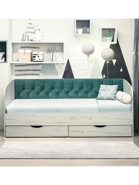 Кровать односпальная «Софа №13» с продольной мягкой спинкой, спальное место 800×1600 мм, цвет Дуб крафт белый/велюр 013