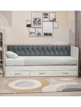 Кровать односпальная «Софа №14» с продольной мягкой спинкой, спальное место 800×2000 мм, цвет дуб крафт белый/велюр 032