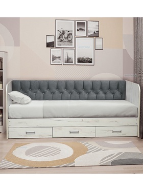 Кровать односпальная «Софа №14» с продольной мягкой спинкой, спальное место 900×2000 мм, цвет дуб крафт белый/велюр 032