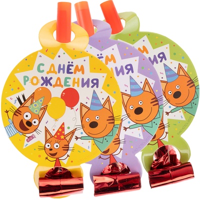 Карнавальные язычки гудки "Три Кота. Играем вместе", желтый, 11 см, 6 шт.
