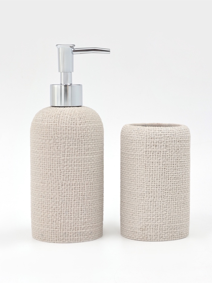 Набор для ванной «Плетение», 2 предмета, дозатор для мыла, стакан, бежевый - Фото 1