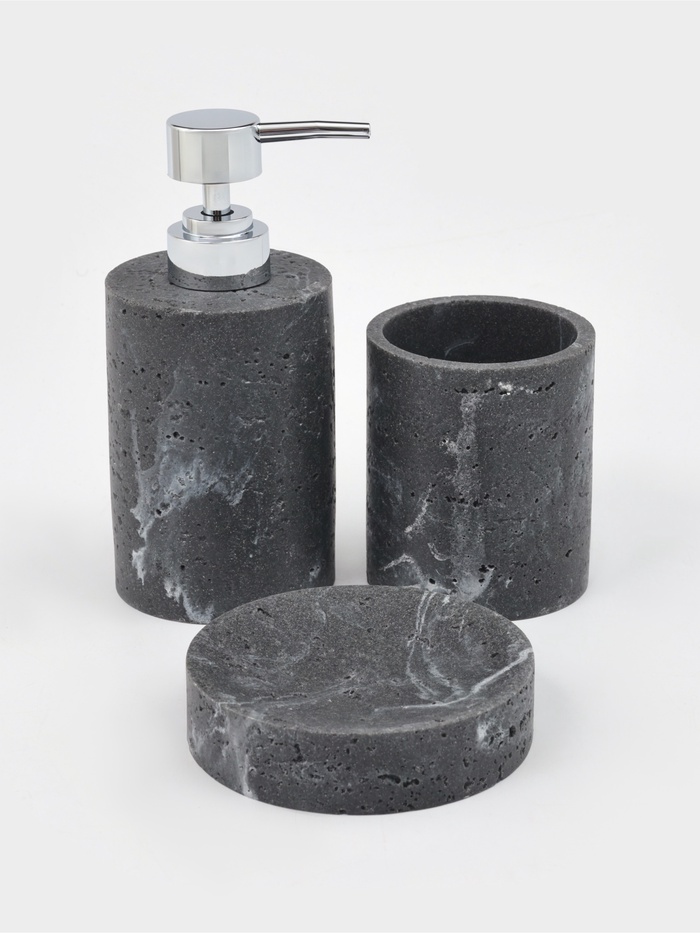 Набор для ванной «Мрамор», 3 предмета, дозатор для мыла, стакан, мыльница, чёрный
