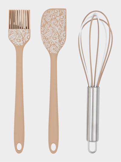 Набор кухонных принадлежностей "Белая роспись" 3 предмета: лопатка, кисточка,венчик