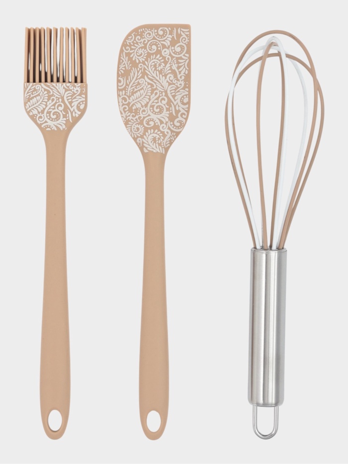 Набор кухонных принадлежностей KONFINETTA «Белая роспись», 3 предмета: лопатка, кисточка, венчик, силикон, бежевый - Фото 1