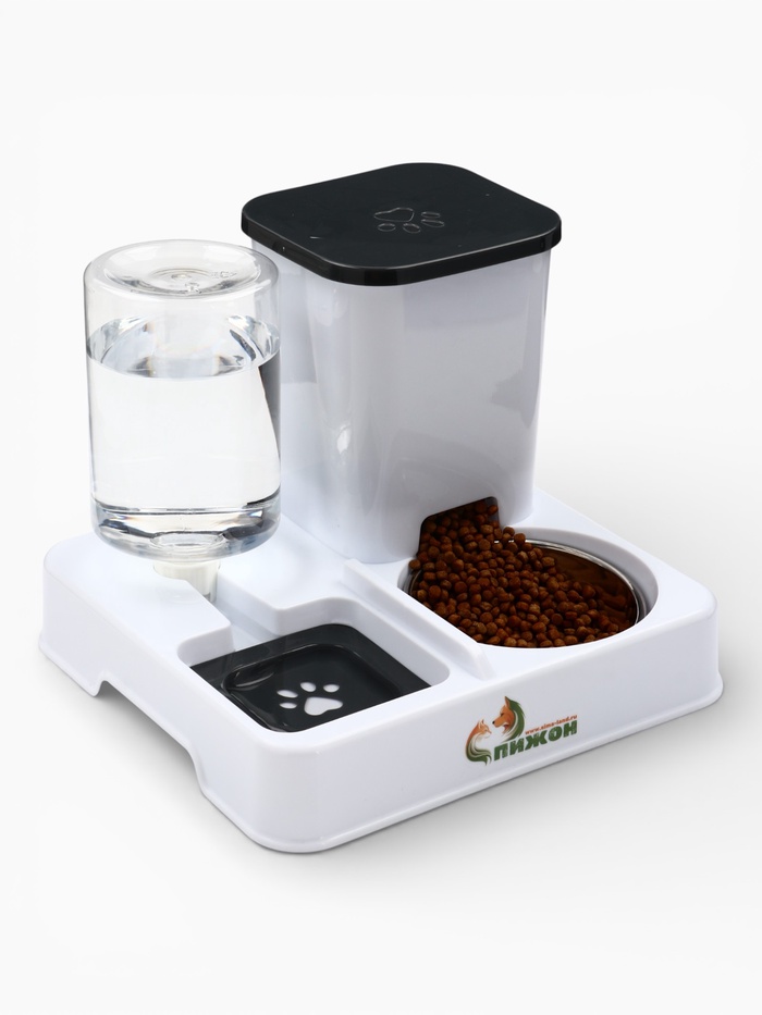 Комплекс автокормушка и автопоилка, 800 мл, с металлической миской, белый - Фото 1