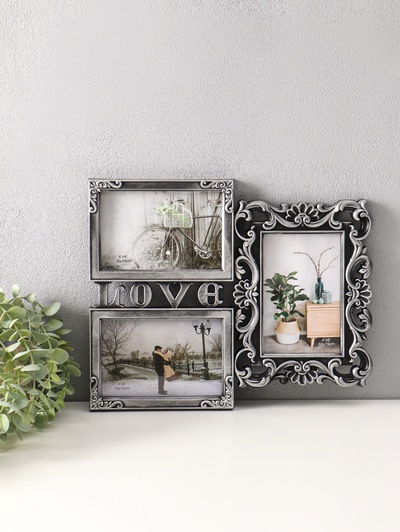 Фоторамка - коллаж на 3 фото 10×15 см «Любовь моя», пластик под т. серебро, 26.5×32.5 см