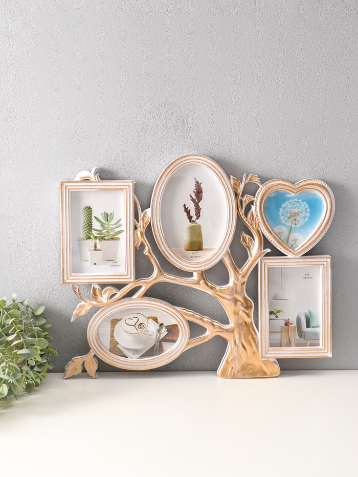 Фоторамка - коллаж на 5 фото 10×15 см, 13×13 см, 13×18 см «Старое дерево», пластик, белая с золотом, 46.5×37.5 см