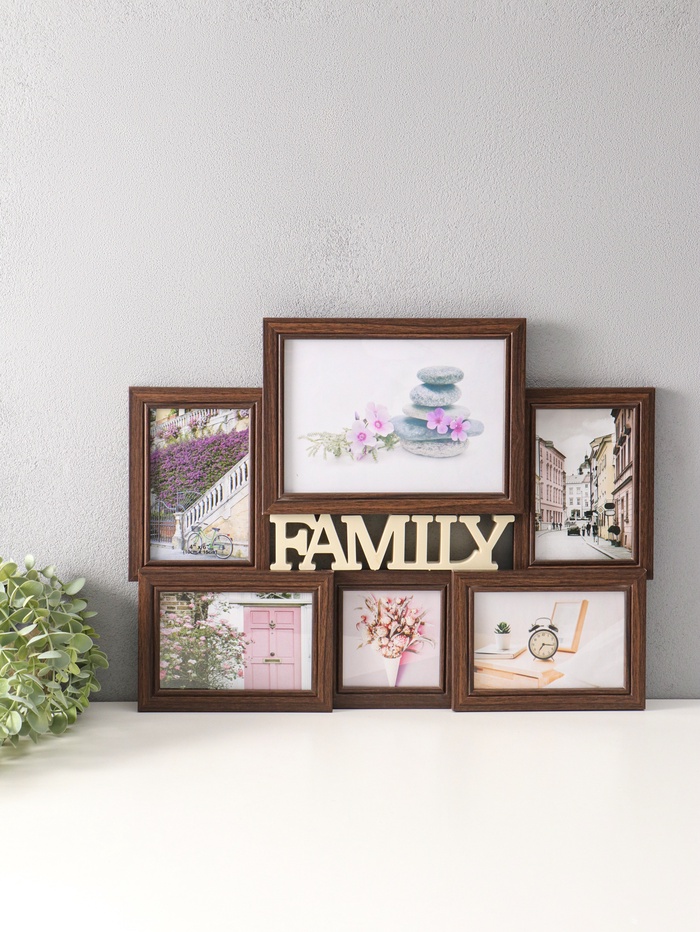 Фоторамка - коллаж на 6 фото 10×10 см, 10×15 см, 15×20 см «Семья», пластик под т. дерево, 49×36 см - Фото 1