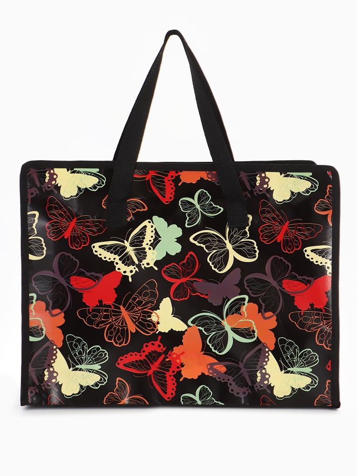Сумка хозяйственная «Бабочки», на молнии, 40×15×30 см, чёрная