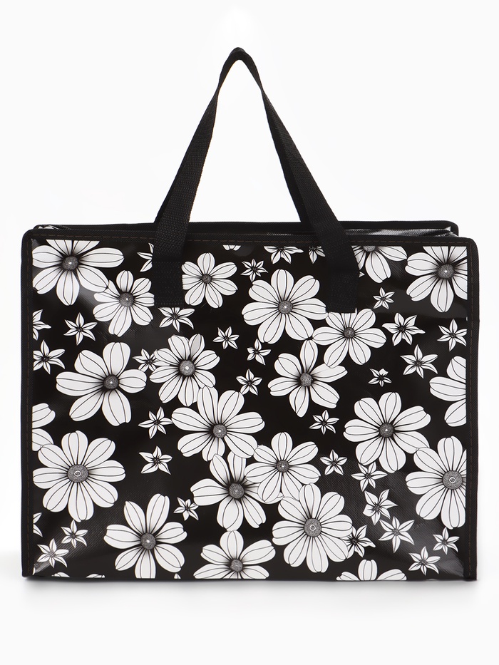 Сумка хозяйственная «Ромашки», на молнии, 40×15×30 см, чёрная