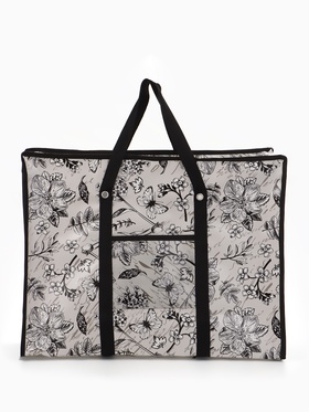 Сумка хозяйственная «Цветы и бабочки», на молнии, 60×20×45 см, наружный карман, серая