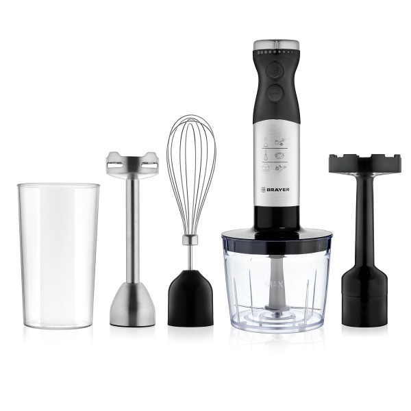 Блендер погружной BRAYER 1244BR, 800 Вт, 4 насадки, стакан 700 мл, чаша 500 мл, чёрный - Фото 1