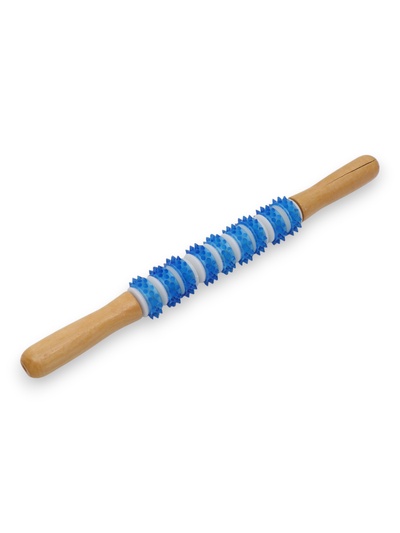 УЦЕНКА Массажёр дерево/пластик для спины Скалка 9 колёс с шип 37,5*4см синий шильд ОТ