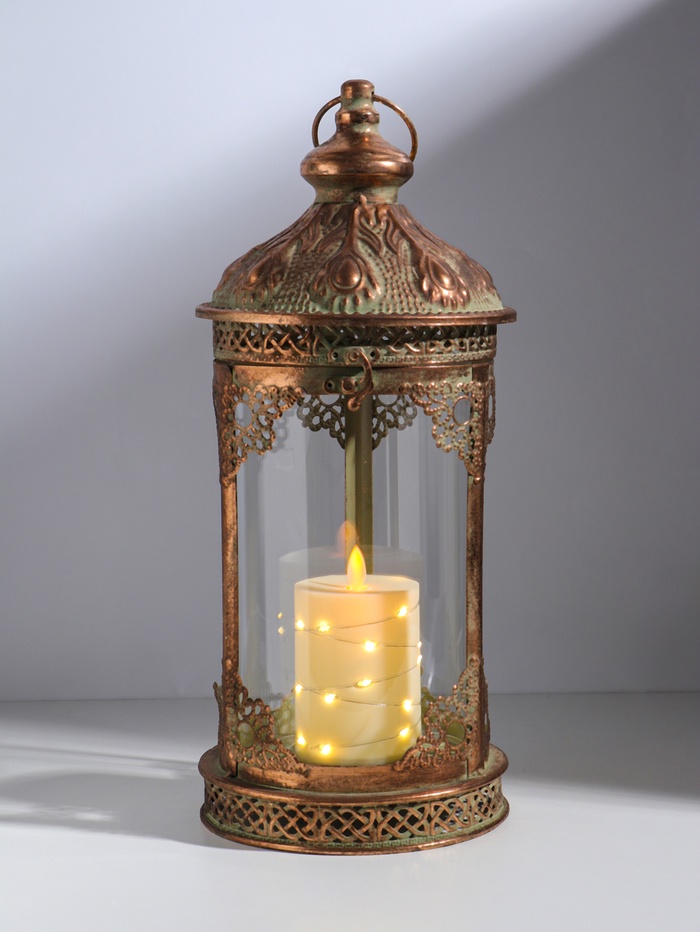 Подсвечник на 1 свечу «Фонарь. Перья», металл под медь с белой патиной, d=12.5 см, 18×18×42 см