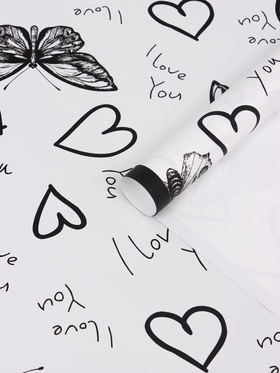 Плёнка флористическая для цветов «Бабочки и сердца», белый с чёрным, 57×57 см