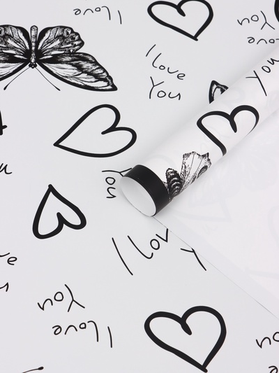 Плёнка флористическая для цветов «Бабочки и сердца», белый с чёрным, 57×57 см