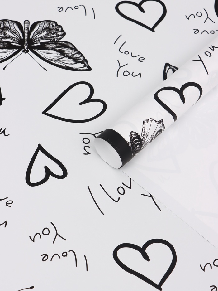 Плёнка флористическая для цветов «Бабочки и сердца», белый с чёрным, 57×57 см