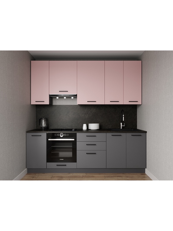 Кухонный гарнитур прямой «РОЗА», 2400×600 мм, столешница 38 мм, цвет графит/розовый кварц/детройт - Фото 1