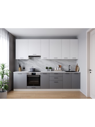 Кухонный гарнитур прямой «ЭЛЕГАНЦИЯ», 3000×600 мм, цвет вулканический серый/жемчуг лавант