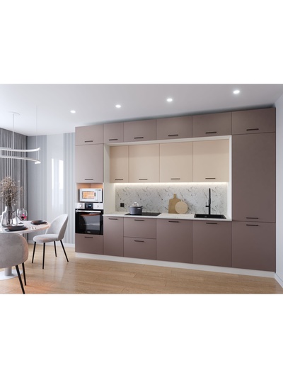 Кухонный гарнитур прямой «ЛАТТЕ», 3400×600 мм, цвет мокко/сатин мрамор марквина белый