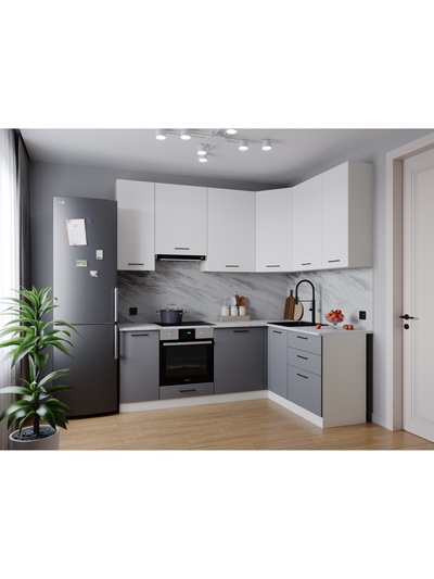 Кухонный гарнитур угловой «ЭЛЕГАНЦИЯ», 2200×1600 мм, цвет вулканический серый/жемчуг лавант