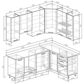 Кухонный гарнитур 2200х1600 мм ШАМПАНЬ столешница Марквина белый 26мм