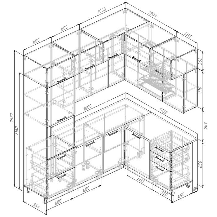 Кухонный гарнитур 2200х1700 мм АНТРАЦИТ столешница Вотан 26мм