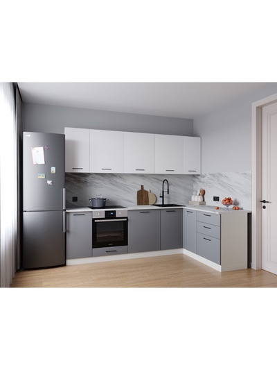 Кухонный гарнитур угловой «ЭЛЕГАНЦИЯ», 2600×1600 мм, цвет вулканический серый/жемчуг лавант