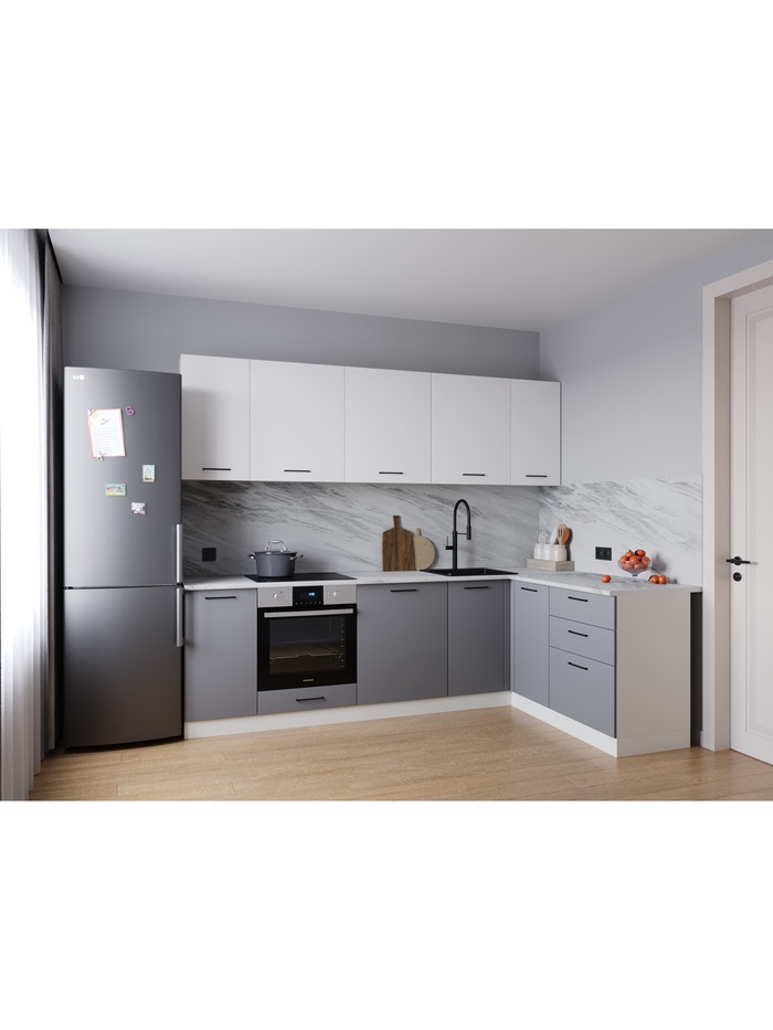 Кухонный гарнитур угловой «ЭЛЕГАНЦИЯ», 2600×1600 мм, цвет вулканический серый/жемчуг лавант - Фото 1