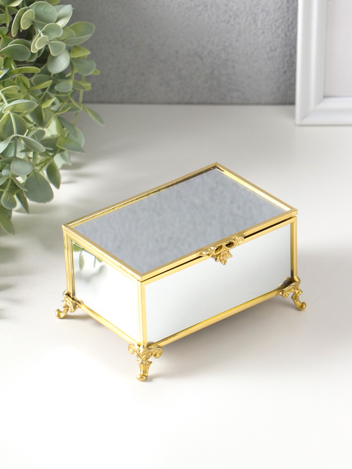 Шкатулка для украшений стекло с металлическим каркасом «Зеркальная на ножках», под золото, 12×8×7.3 см - Фото 1