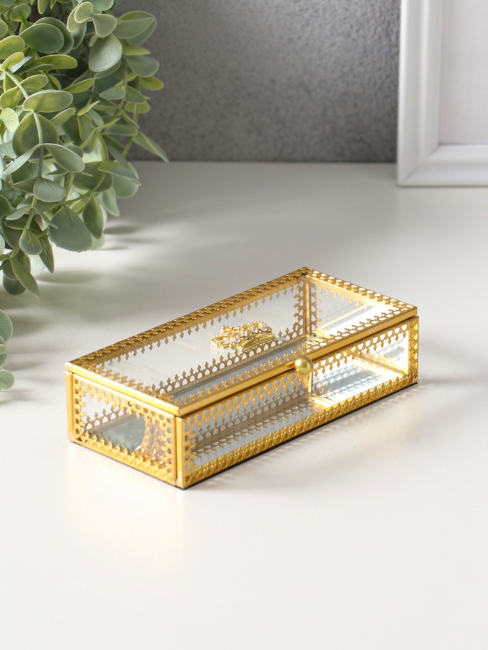 Шкатулка для украшений стекло с металлическим каркасом «Корона», под золото, 14.2×6.8×3.5 см