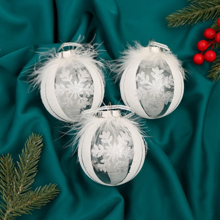 УЦЕНКА Набор шаров пластик d-8 см, 3 шт "Галатея снежинка" серебристо-белый - Фото 1