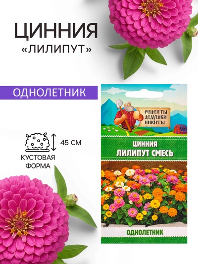 Семена цветов Цинния «Лилипут» смесь, 0.2 г, «Рецепты дедушки Никиты»