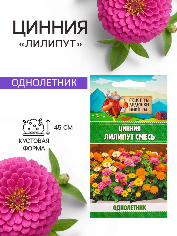 Семена цветов Цинния «Лилипут» смесь, 0.2 г, «Рецепты дедушки Никиты» - Фото 1