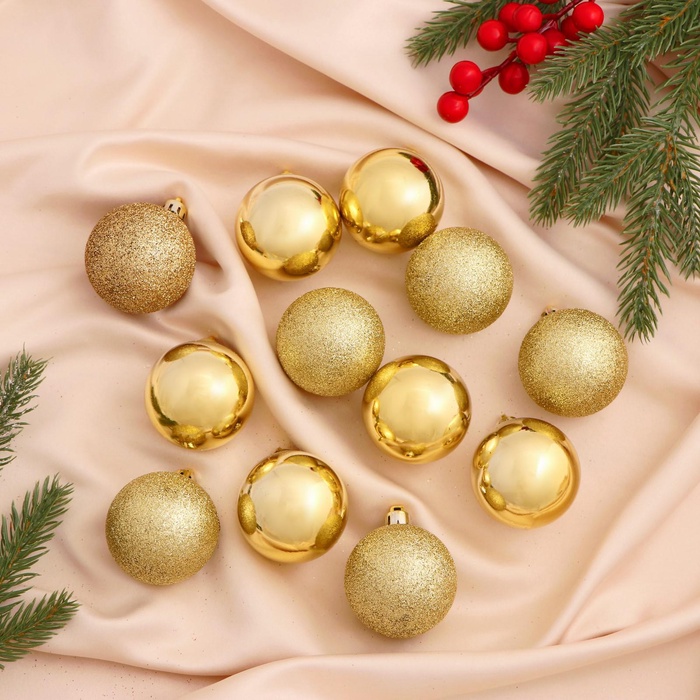 УЦЕНКА Набор шаров пластик d-5 см, 12 шт "Глянцевый блеск" золото - Фото 1