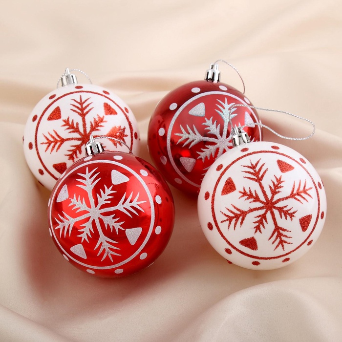 УЦЕНКА Набор шаров пластик d-8 см, 4 шт "Снежинка" красно-белый - Фото 1