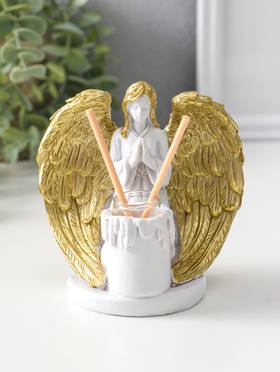 Аромадиффузор для эфирных масел с палочками «Ангел со свечой», полистоун, белый с золотом, 7.5×12×11 см  (артикул 10954784)  большой выбор товаров оптом и в розницу по низким ценам с доставкой