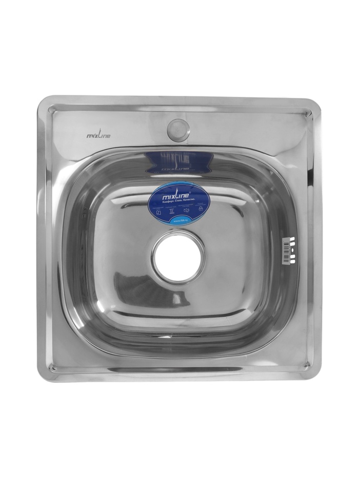 Мойка кухонная MIXLINE 528187, врезная, толщина 0.6 мм, 48×48×16 см,3 1/2", с сифоном - Фото 1