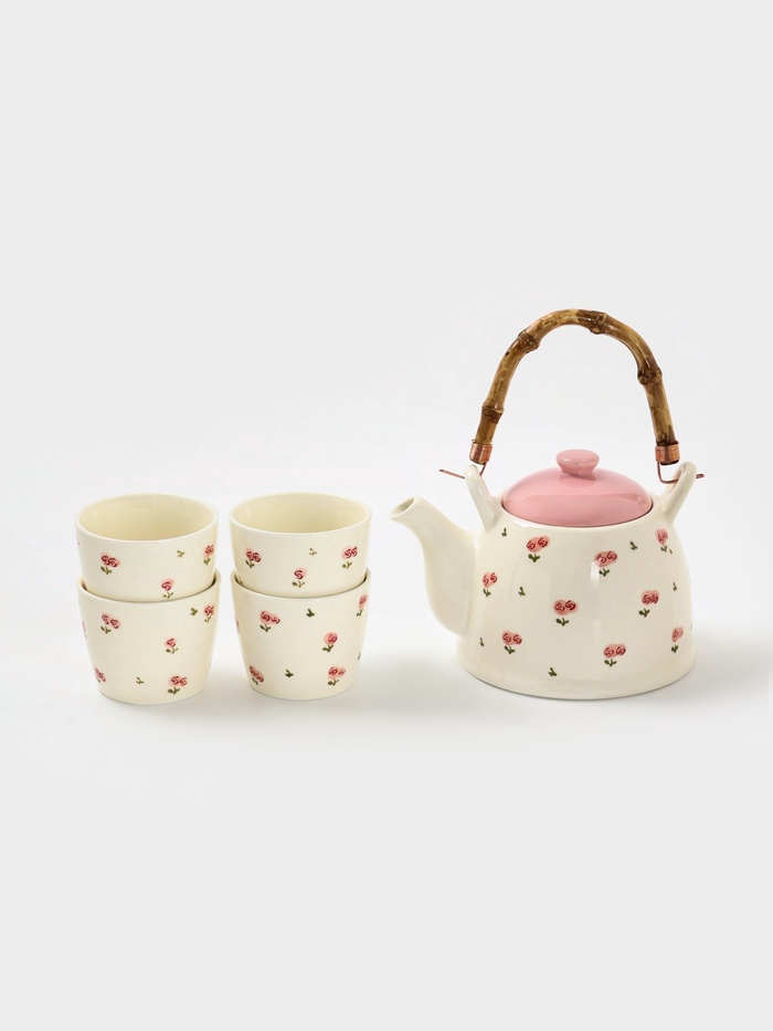 Чайный сервиз «Цветы», на 4 персоны, чайник 20×14.5×12 см, 4 стакана 8.5×7 см, керамика, молочный - Фото 1